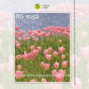 Tranh t&ocirc; m&agrave;u hoa tulip hồng ve hồ lấp l&aacute;nh T1052