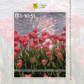 Tranh tô màu hoa tulip bên hồ T1051