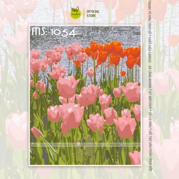 Tranh Tô Màu Hoa Tulip Hồng Đỏ Ven Hồ T1054