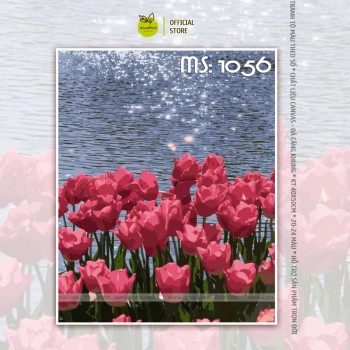 Tranh t&ocirc; m&agrave;u hoa tulip hồng b&ecirc;n hồ lấp l&aacute;nh T1056