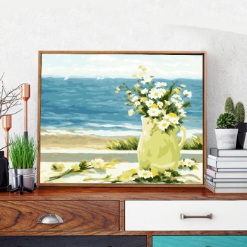 Tranh t&ocirc; m&agrave;u hoa b&ecirc;n bờ biển 916