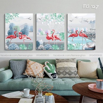 Tranh t&ocirc; m&agrave;u bộ ba Hồng Hạc Sum vầy T847