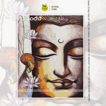 Tranh t&ocirc; m&agrave;u ch&acirc;n dung tượng phật đồng b&ecirc;n hoa sen trắng T2088