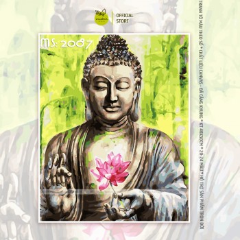 Tranh t&ocirc; m&agrave;u ch&acirc;n dung tượng phật đồng v&agrave; hoa sen hồng T2087