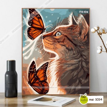 Tranh t&ocirc; m&agrave;u Ch&uacute; m&egrave;o b&ecirc;n bướm nhỏ T1014