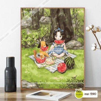 Tranh t&ocirc; m&agrave;u C&ocirc; B&eacute; T&oacute;c Rối dưa hấu c&ugrave;ng c&uacute;n con T590