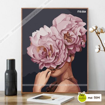 Tranh t&ocirc; m&agrave;u C&ocirc; g&aacute;i hoa mẫu đơn t&iacute;m T594