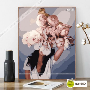 Tranh t&ocirc; m&agrave;u C&ocirc; g&aacute;i hoa v&agrave; ch&uacute; chim T600