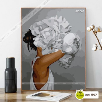 Tranh t&ocirc; m&agrave;u C&ocirc; g&aacute;i mẫu đơn trắng nghi&ecirc;ng phải T597