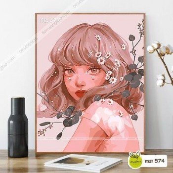 Tranh tô màu Cô Gái tóc ngắn cài hoa T574