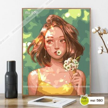 Tranh tô màu Cô Gái tóc ngắn cầm đóa hoa T580