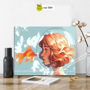 Tranh tô màu Cô Gái tóc ngắn và chú cá vàng T584