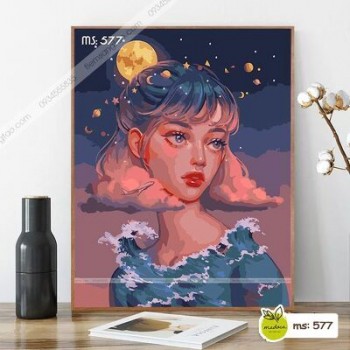 Tranh tô màu Cô Gái tóc ngắn và trời đêm T577