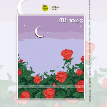 Tranh t&ocirc; m&agrave;u hoa hồng đỏ v&agrave; trăng T1049