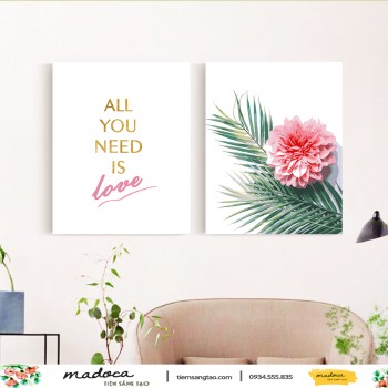 Tranh t&ocirc; m&agrave;u kết hợp all you need 276 v&agrave; hoa tr&ecirc;n l&aacute; cọ 277