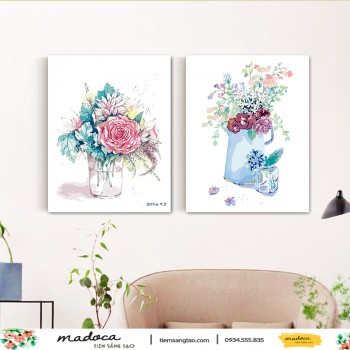 Tranh t&ocirc; m&agrave;u kết hợp hoa đồng nội 946 v&agrave; hoa hồng tinh kh&ocirc;i 260
