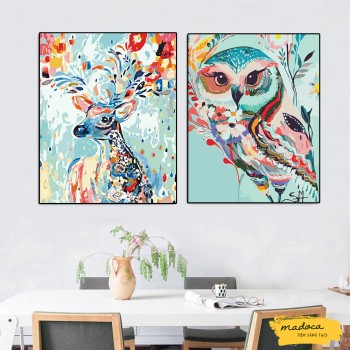 Tranh t&ocirc; m&agrave;u kết hợp hươu 7 m&agrave;u 05 v&agrave; c&uacute; m&egrave;o 7 m&agrave;u 188