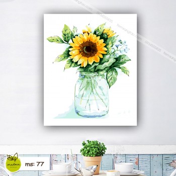 Tranh t&ocirc; m&agrave;u 50x65 hoa hướng dương lọ thủy tinh