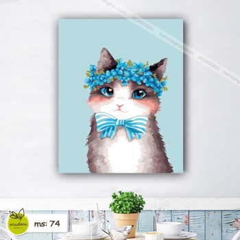 Tranh t&ocirc; m&agrave;u 50x65 m&egrave;o nơ xanh