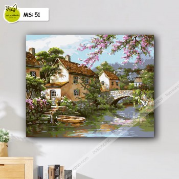 Tranh t&ocirc; m&agrave;u 50x65 nh&agrave; s&ocirc;ng m&ugrave;a xu&acirc;n
