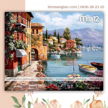 Tranh t&ocirc; m&agrave;u 50x65 th&agrave;nh phố ven s&ocirc;ng