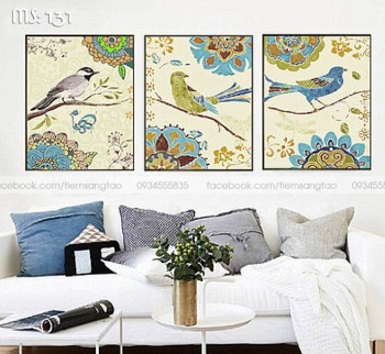 Tranh t&ocirc; m&agrave;u bộ 3 Chim sắc m&agrave;u