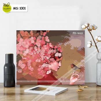 Tranh tô màu tân nương bên đàn bướm đỏ T1001