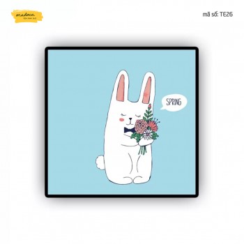 Tranh t&ocirc; m&agrave;u thỏ &ocirc;m hoa te26